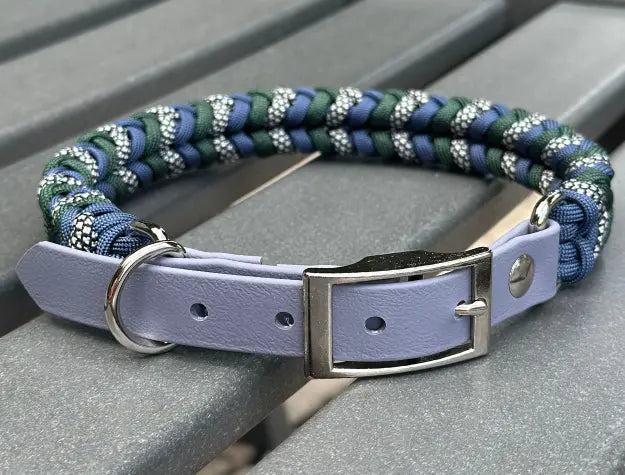 Coiled Charm Hand Braided Dog Collar in Navy, Emerald Green, & Silver Diamonds Pawsh Pup Co.