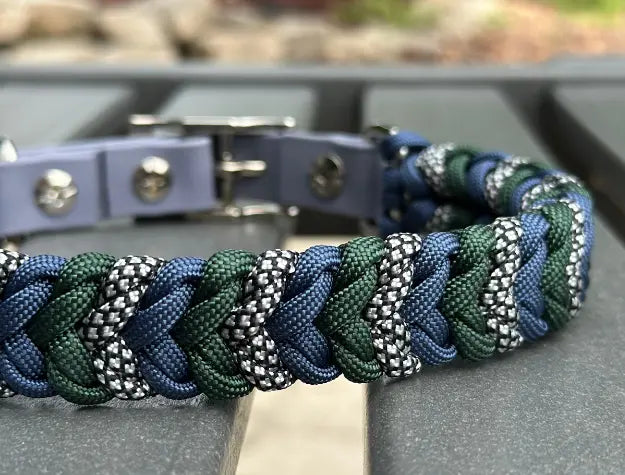 Coiled Charm Hand Braided Dog Collar in Navy, Emerald Green, & Silver Diamonds Pawsh Pup Co.