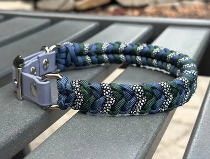 Coiled Charm Hand Braided Dog Collar in Navy, Emerald Green, & Silver Diamonds Pawsh Pup Co.