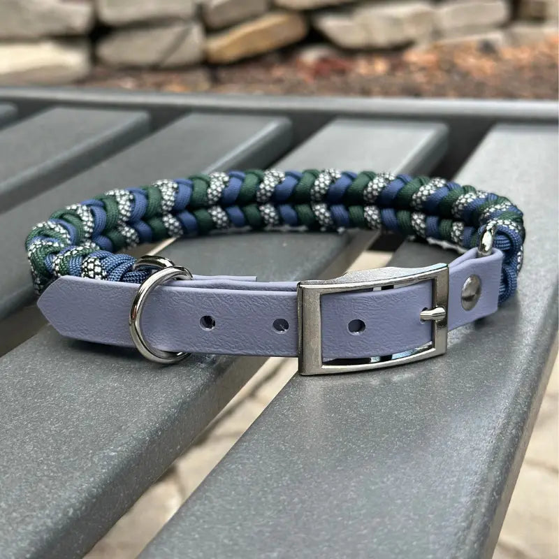 Coiled Charm Hand Braided Dog Collar in Navy, Emerald Green, & Silver Diamonds Pawsh Pup Co.