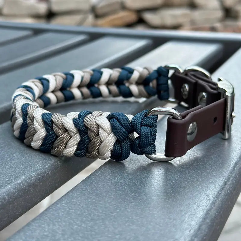 Coiled Charm Hand Braided Dog Collar in Navy, Tan, & Cream Pawsh Pup Co.