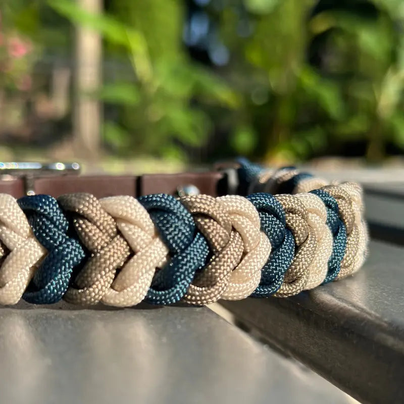 Coiled Charm Hand Braided Dog Collar in Navy, Tan, & Cream Pawsh Pup Co.