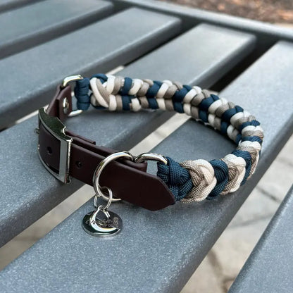 Coiled Charm Hand Braided Dog Collar in Navy, Tan, & Cream Pawsh Pup Co.