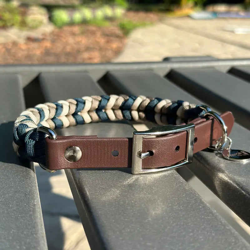 Coiled Charm Hand Braided Dog Collar in Navy, Tan, & Cream Pawsh Pup Co.