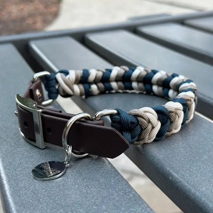 Coiled Charm Hand Braided Dog Collar in Navy, Tan, & Cream Pawsh Pup Co.