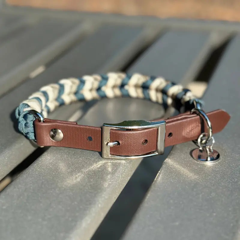 Coiled Charm Hand Braided Dog Collar in Navy, Tan, & Cream Pawsh Pup Co.