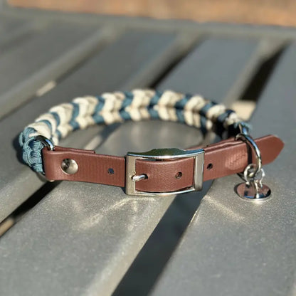 Coiled Charm Hand Braided Dog Collar in Navy, Tan, & Cream Pawsh Pup Co.
