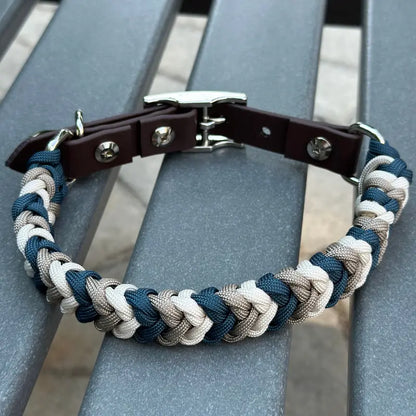 Coiled Charm Hand Braided Dog Collar in Navy, Tan, & Cream Pawsh Pup Co.