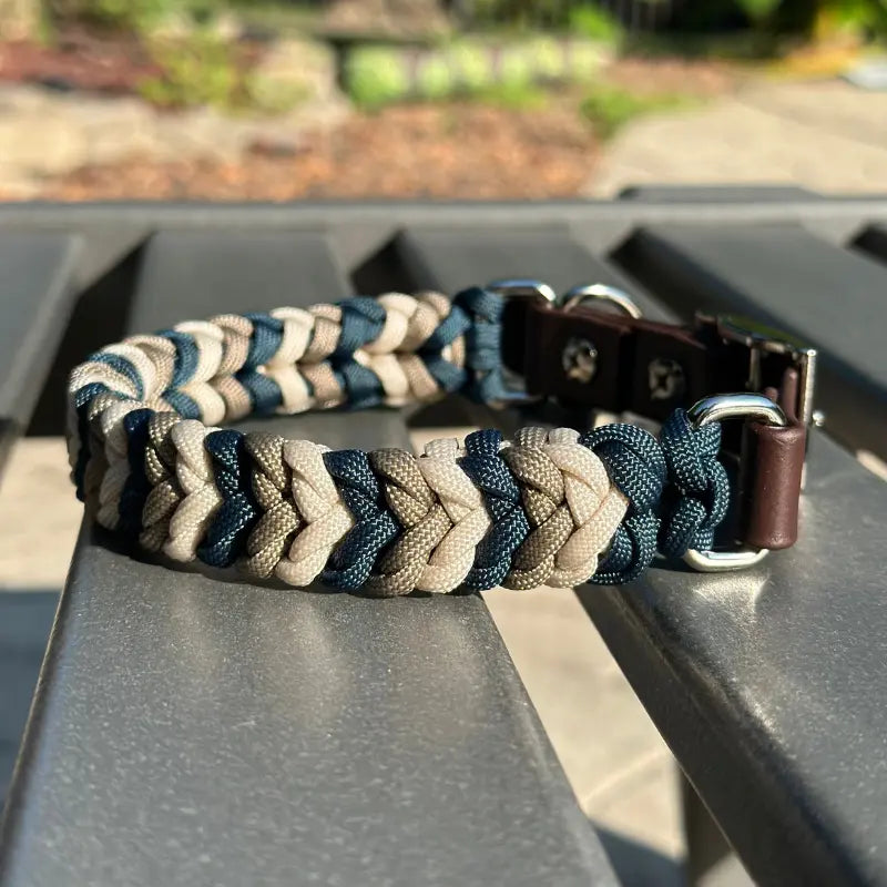 Coiled Charm Hand Braided Dog Collar in Navy, Tan, & Cream Pawsh Pup Co.