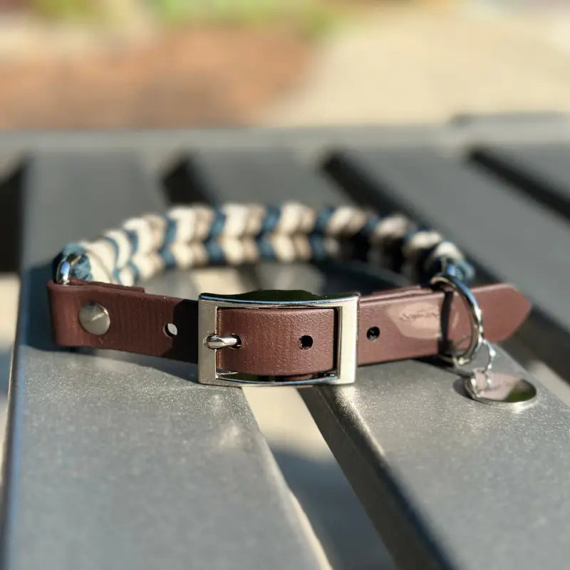 Coiled Charm Hand Braided Dog Collar in Navy, Tan, & Cream Pawsh Pup Co.