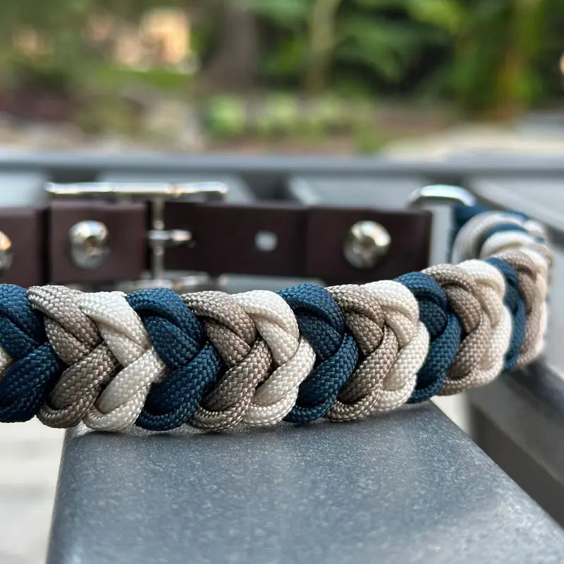Coiled Charm Hand Braided Dog Collar in Navy, Tan, & Cream Pawsh Pup Co.