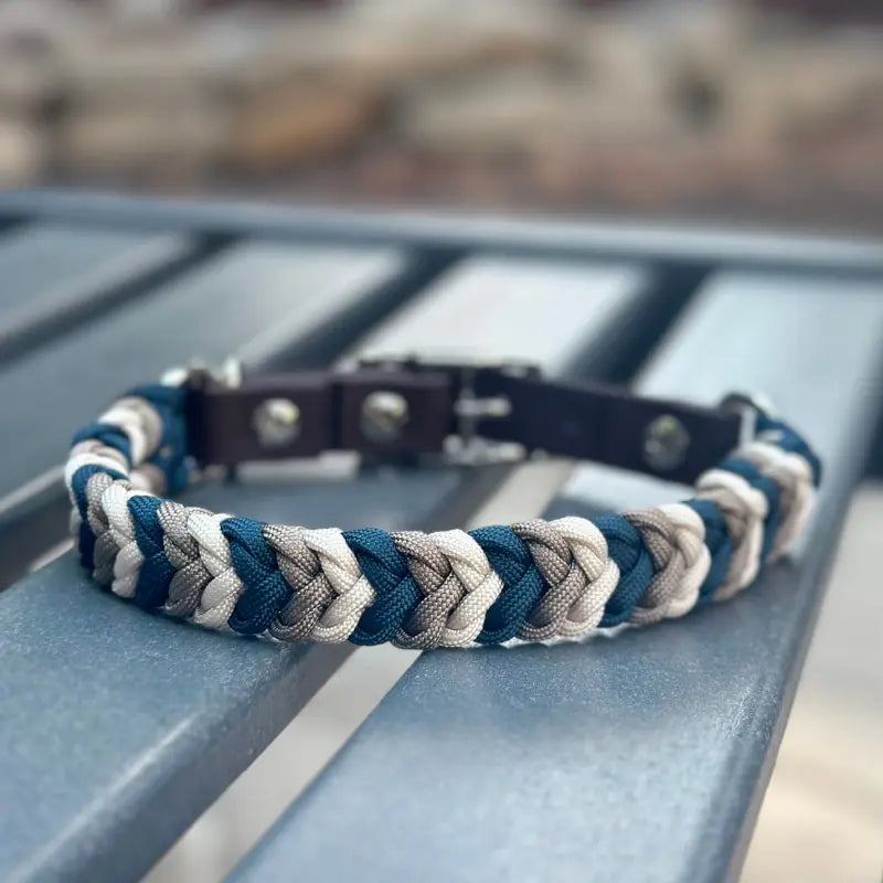 Coiled Charm Hand Braided Dog Collar in Navy, Tan, & Cream Pawsh Pup Co.