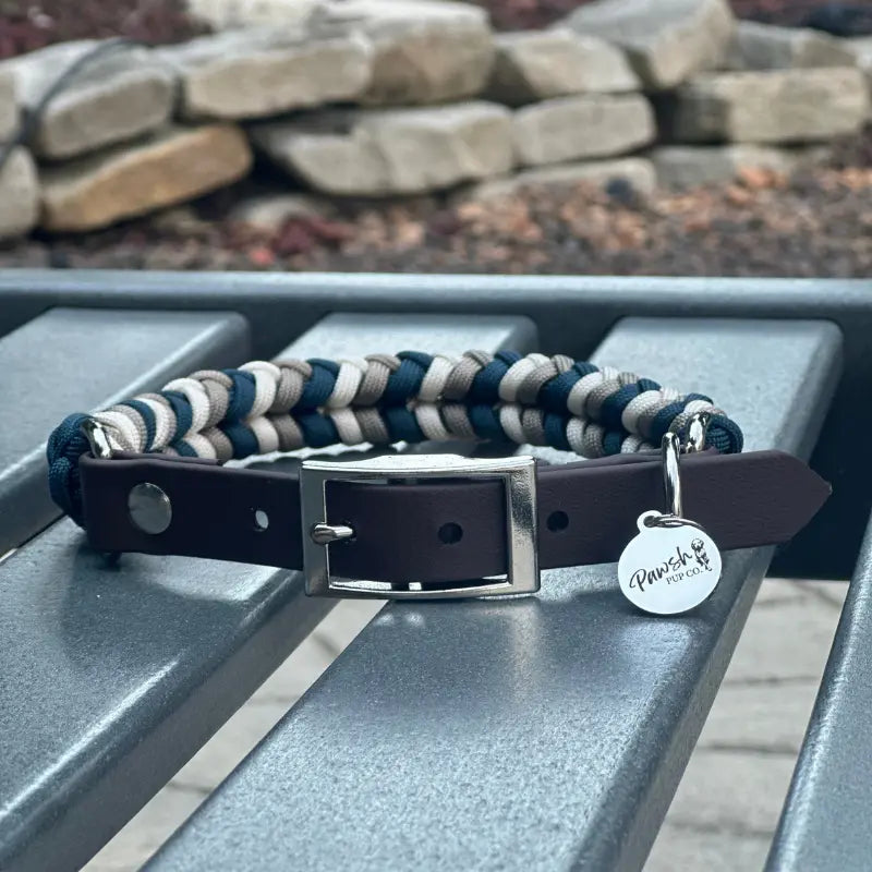 Coiled Charm Hand Braided Dog Collar in Navy, Tan, & Cream Pawsh Pup Co.