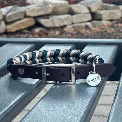 Coiled Charm Hand Braided Dog Collar in Navy, Tan, & Cream Pawsh Pup Co.