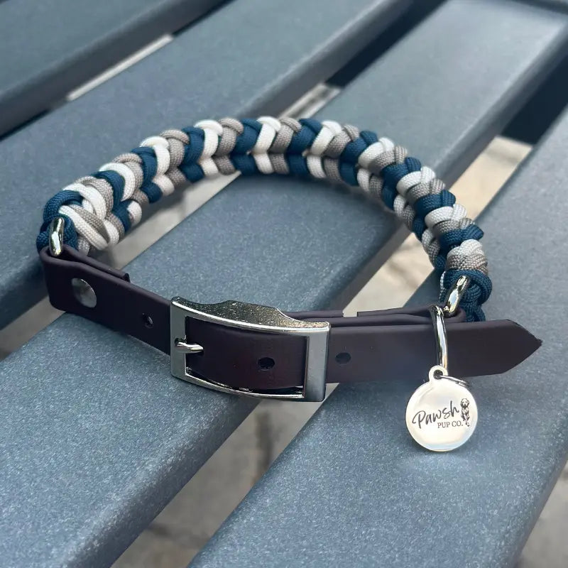 Coiled Charm Hand Braided Dog Collar in Navy, Tan, & Cream Pawsh Pup Co.