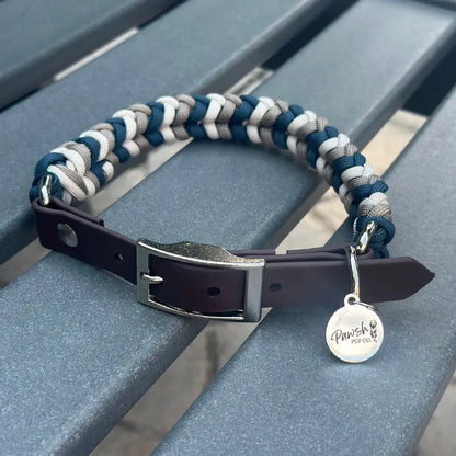 Coiled Charm Hand Braided Dog Collar in Navy, Tan, & Cream Pawsh Pup Co.