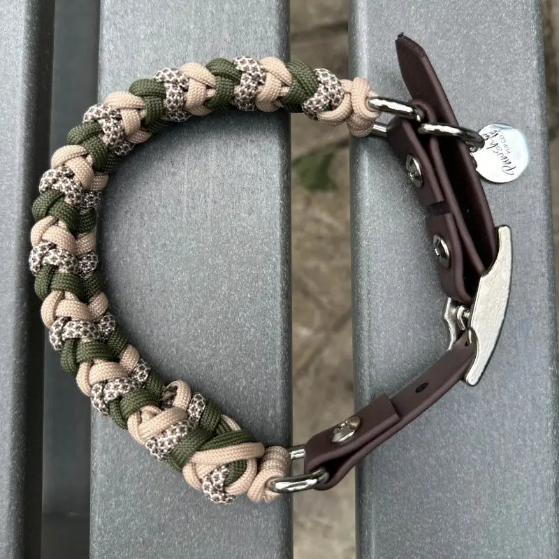 Coiled Charm Hand Braided Dog Collar in Olive, Light Tan, & Coyote Brown Diamonds Pawsh Pup Co.