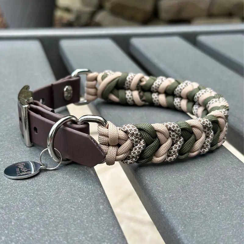 Coiled Charm Hand Braided Dog Collar in Olive, Light Tan, & Coyote Brown Diamonds Pawsh Pup Co.