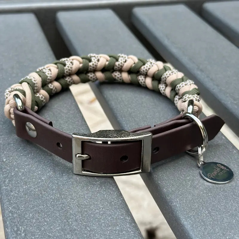 Coiled Charm Hand Braided Dog Collar in Olive, Light Tan, & Coyote Brown Diamonds Pawsh Pup Co.