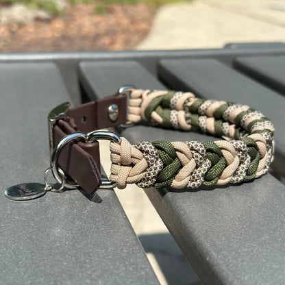 Coiled Charm Hand Braided Dog Collar in Olive, Light Tan, & Coyote Brown Diamonds Pawsh Pup Co.