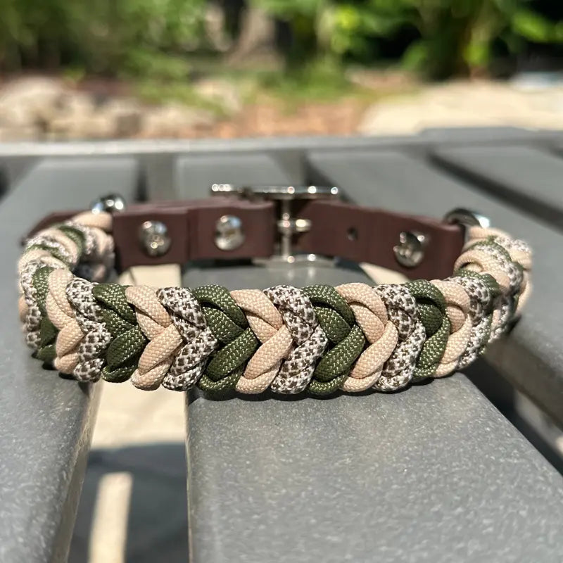 Coiled Charm Hand Braided Dog Collar in Olive, Light Tan, & Coyote Brown Diamonds Pawsh Pup Co.