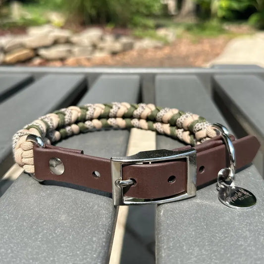 Coiled Charm Hand Braided Dog Collar in Olive, Light Tan, & Coyote Brown Diamonds Pawsh Pup Co.