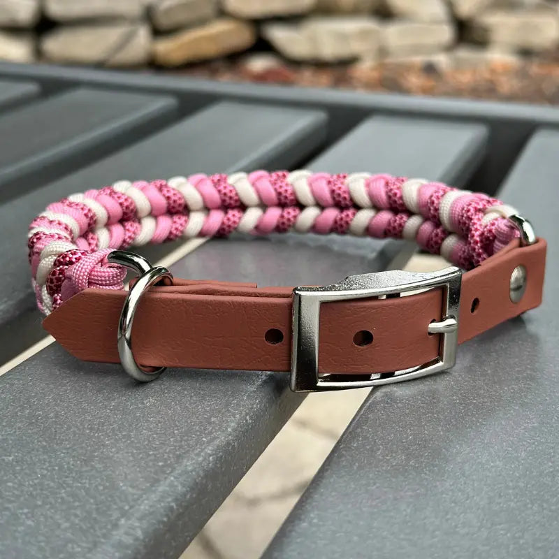 Coiled Charm Hand Braided Dog Collar in Pink, Red Diamonds, & Cream Pawsh Pup Co.