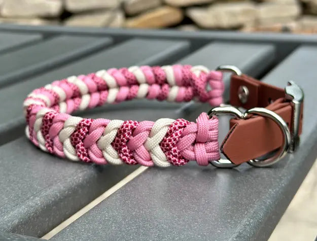 Coiled Charm Hand Braided Dog Collar in Pink, Red Diamonds, & Cream Pawsh Pup Co.