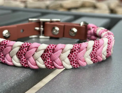 Coiled Charm Hand Braided Dog Collar in Pink, Red Diamonds, & Cream Pawsh Pup Co.