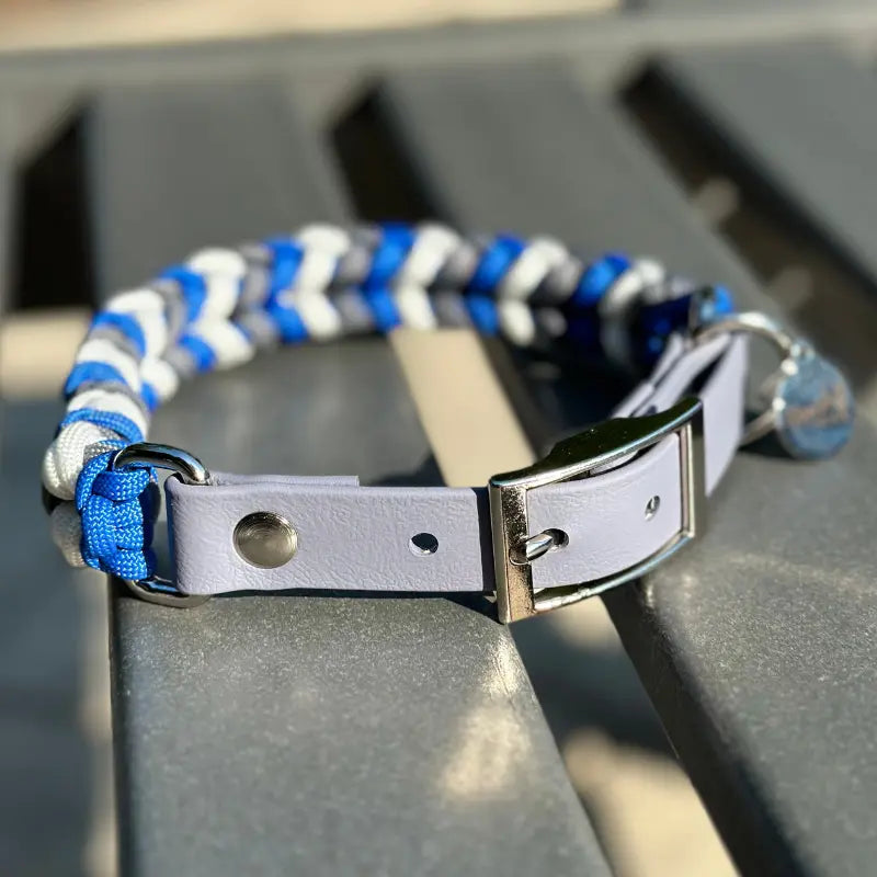 Coiled Charm Hand Braided Dog Collar in Royal Blue, Graphite, & White Pawsh Pup Co.