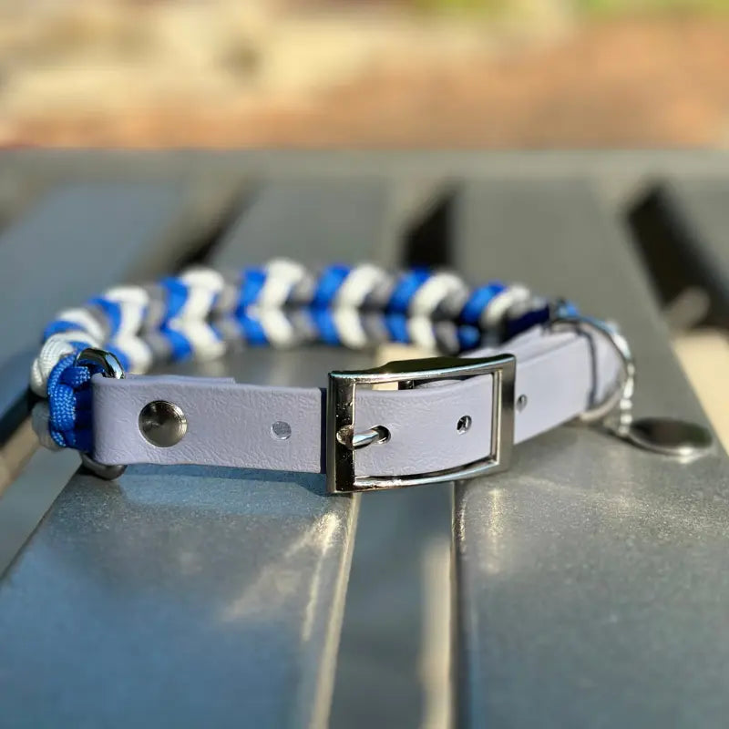 Coiled Charm Hand Braided Dog Collar in Royal Blue, Graphite, & White Pawsh Pup Co.