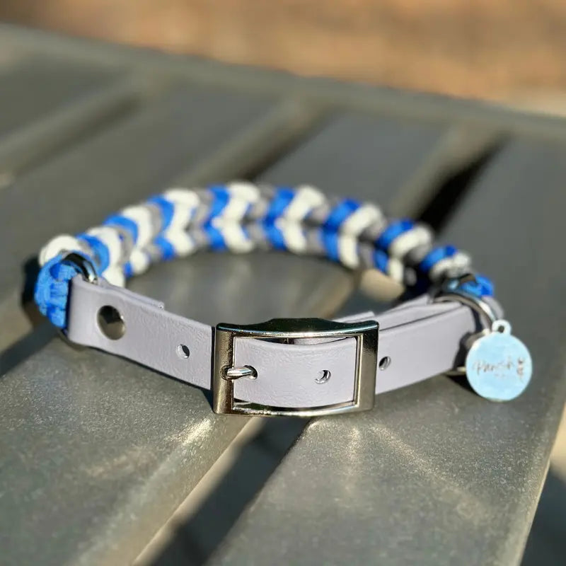 Coiled Charm Hand Braided Dog Collar in Royal Blue, Graphite, & White Pawsh Pup Co.