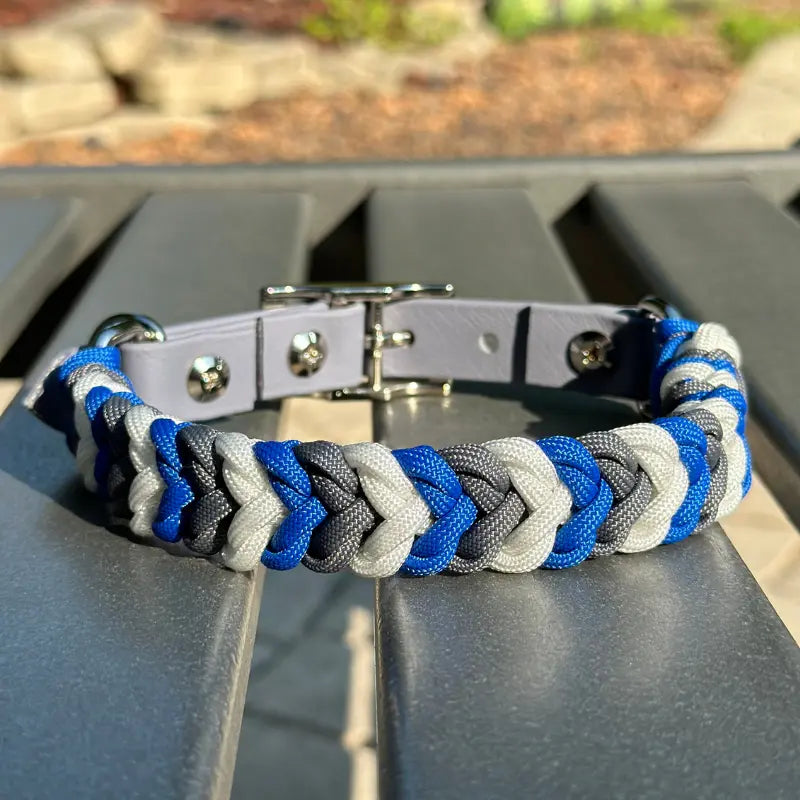 Coiled Charm Hand Braided Dog Collar in Royal Blue, Graphite, & White Pawsh Pup Co.
