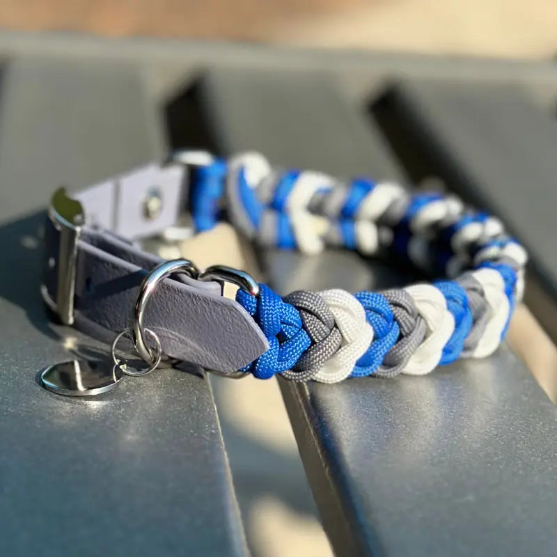 Coiled Charm Hand Braided Dog Collar in Royal Blue, Graphite, & White Pawsh Pup Co.