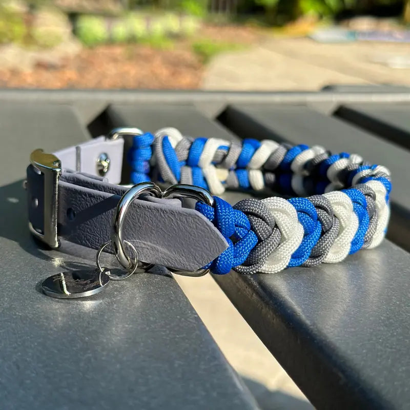 Coiled Charm Hand Braided Dog Collar in Royal Blue, Graphite, & White Pawsh Pup Co.