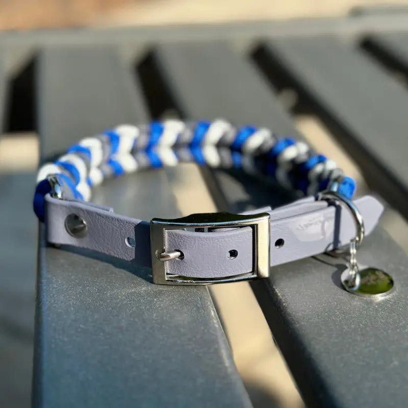 Coiled Charm Hand Braided Dog Collar in Royal Blue, Graphite, & White Pawsh Pup Co.
