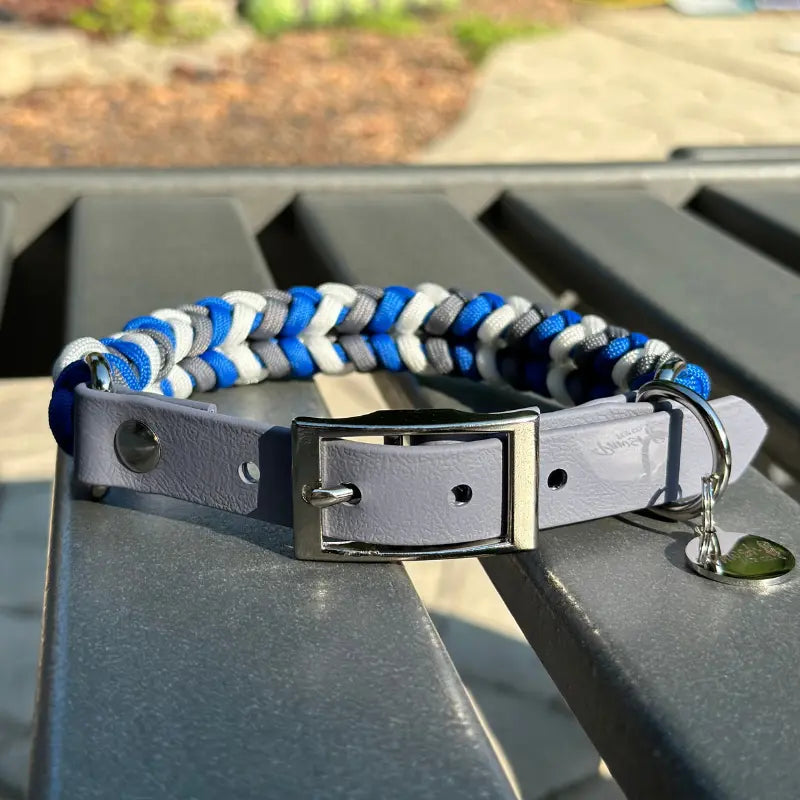 Coiled Charm Hand Braided Dog Collar in Royal Blue, Graphite, & White Pawsh Pup Co.