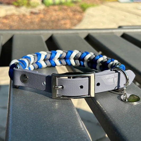Coiled Charm Hand Braided Dog Collar in Royal Blue, Graphite, & White Pawsh Pup Co.