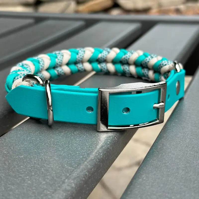 Coiled Charm Hand Braided Dog Collar in Teal, Cream, & Teal Diamonds Pawsh Pup Co.