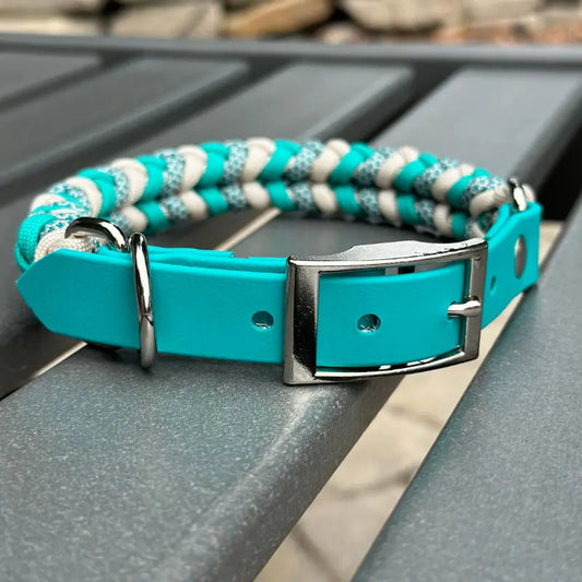 Coiled Charm Hand Braided Dog Collar in Teal, Cream, & Teal Diamonds Pawsh Pup Co.