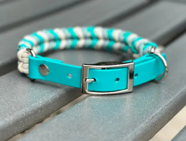 Coiled Charm Hand Braided Dog Collar in Teal, Cream, & Teal Diamonds Pawsh Pup Co.