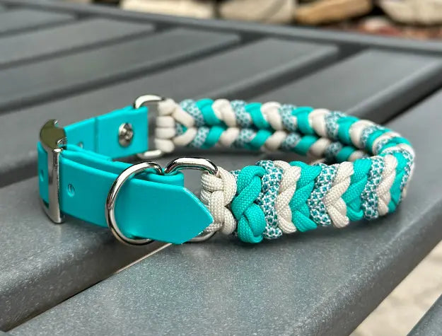 Coiled Charm Hand Braided Dog Collar in Teal, Cream, & Teal Diamonds Pawsh Pup Co.