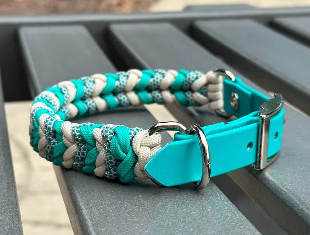Coiled Charm Hand Braided Dog Collar in Teal, Cream, & Teal Diamonds Pawsh Pup Co.