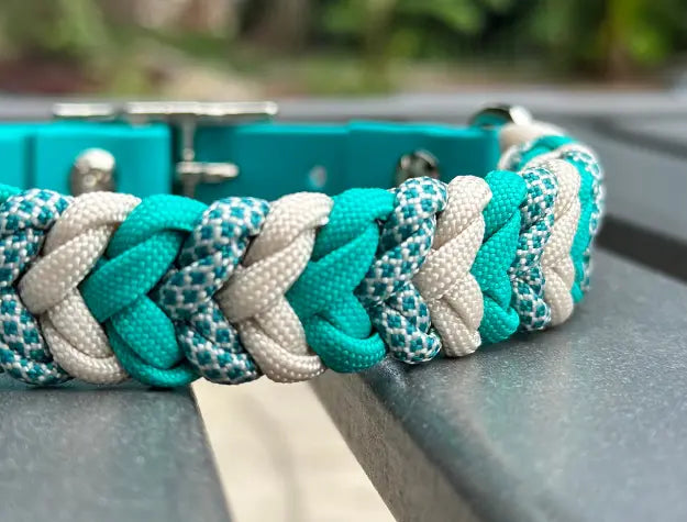 Coiled Charm Hand Braided Dog Collar in Teal, Cream, & Teal Diamonds Pawsh Pup Co.