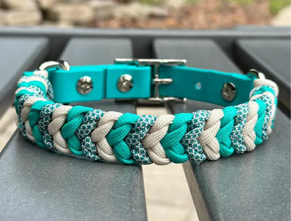 Coiled Charm Hand Braided Dog Collar in Teal, Cream, & Teal Diamonds Pawsh Pup Co.