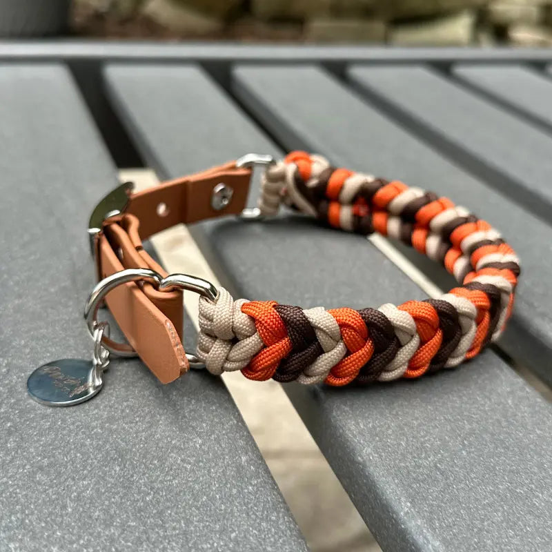 Coiled Charm Hand Braided Dog Collar in Burnt Orange, Walnut Brown, & Light Tan Pawsh Pup Co.