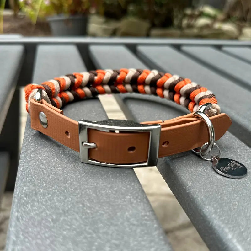 Coiled Charm Hand Braided Dog Collar in Burnt Orange, Walnut Brown, & Light Tan Pawsh Pup Co.