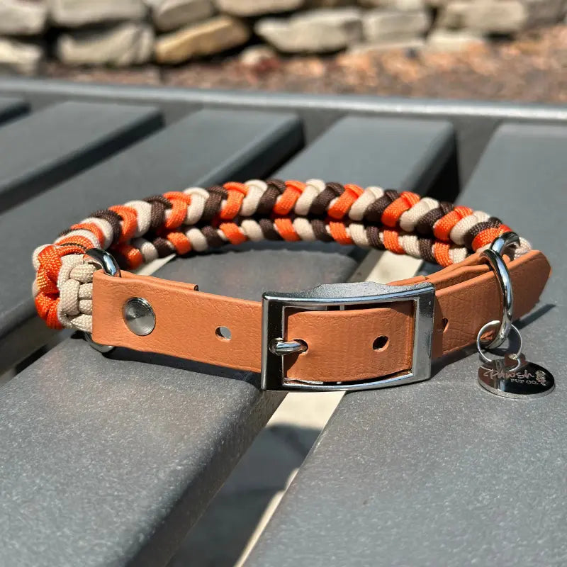 Coiled Charm Hand Braided Dog Collar in Burnt Orange, Walnut Brown, & Light Tan Pawsh Pup Co.