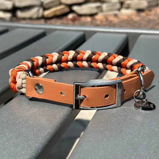 Coiled Charm Hand Braided Dog Collar in Burnt Orange, Walnut Brown, & Light Tan Pawsh Pup Co.