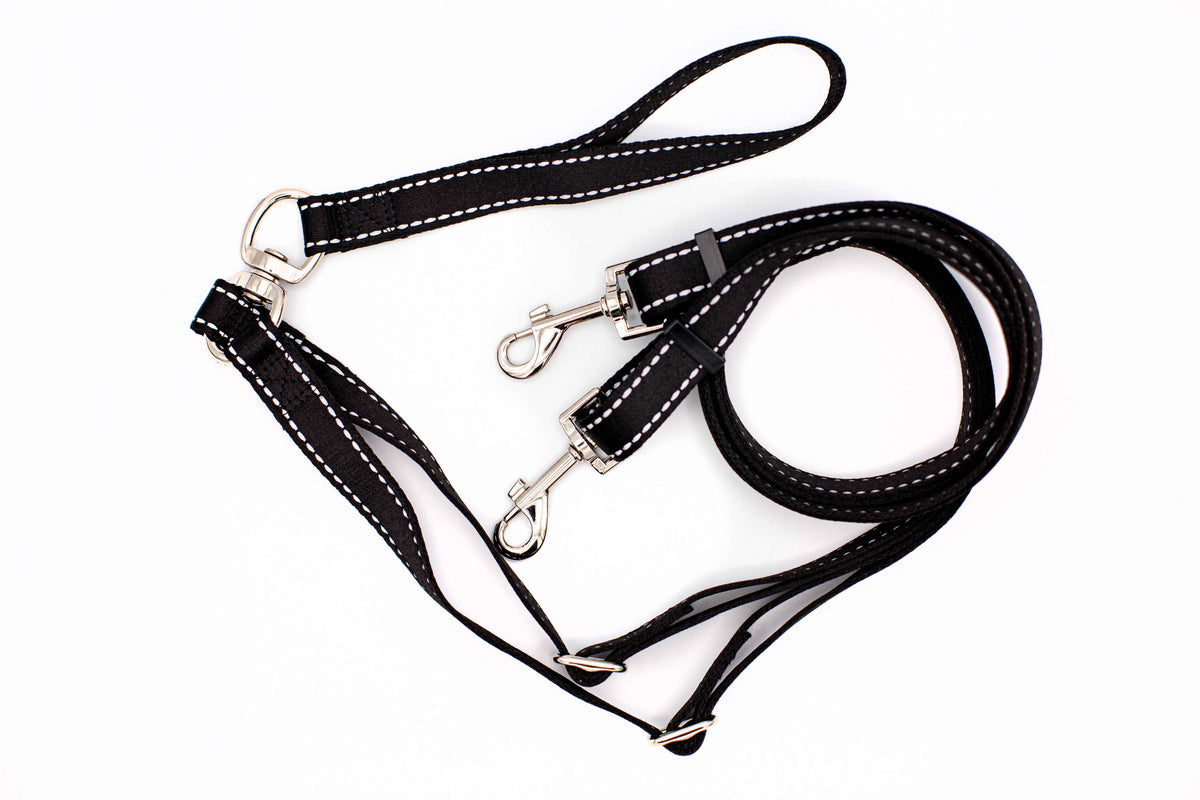 Outdoor Style Black Reflective Adjustable Double Leash